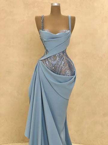 Niulatu Spaghetti Strap Sheath Blue Long Prom Dresses Chiffon Sky Blue Evening Dresses HZ1026